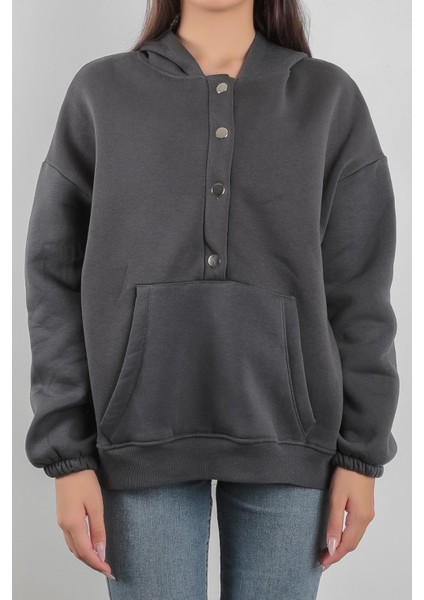 Oversize Kadın Kapüşonlu Sweatshirt Yarım Çıtçıt Kapama Kanguru Cep Füme Hoodie - 2591