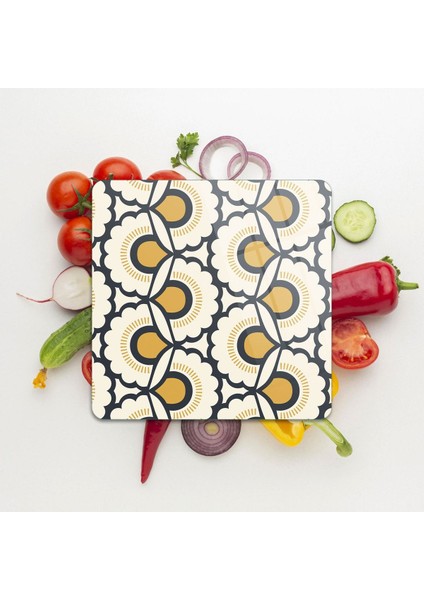 Cam Kesme Tahtası Kare Dekoratif Çiçek Desenli