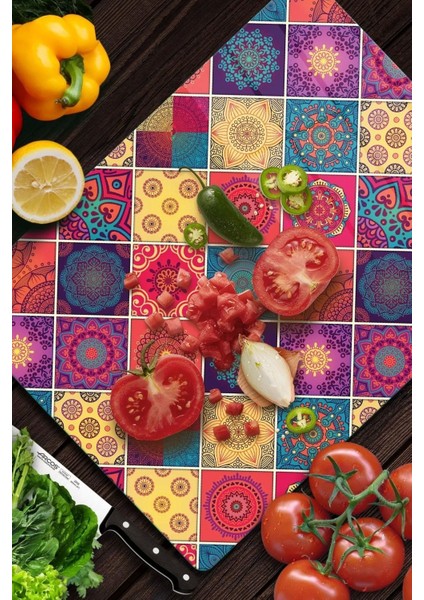 Cam Kesme Tahtası Kare Karma Mandala Desenli fiyatları