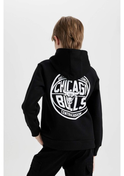 Erkek Çocuk Siyah NBA Chicago Bulls Oversize Geniş Kalıp Kapüşonlu Sırt Baskılı Sweatshirt D3123A824AU