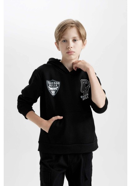Erkek Çocuk Siyah NBA Chicago Bulls Oversize Geniş Kalıp Kapüşonlu Sırt Baskılı Sweatshirt D3123A824AU modelleri