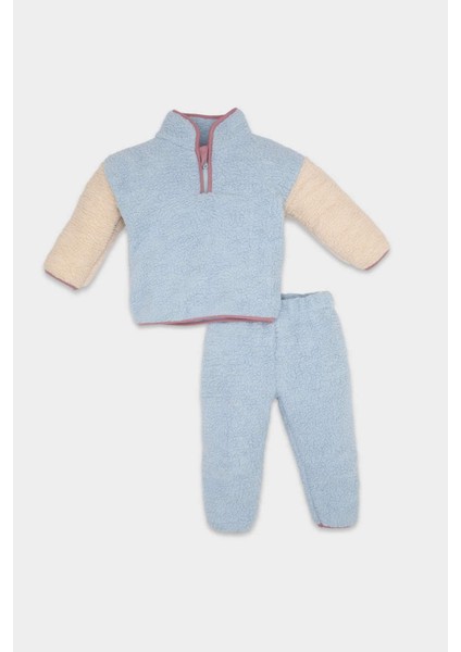 Kız Bebek 2'li Takım Pelüş Fermuarlı Dik Yaka Sweatshirt Beli Lastikli Alt D6706A524WN