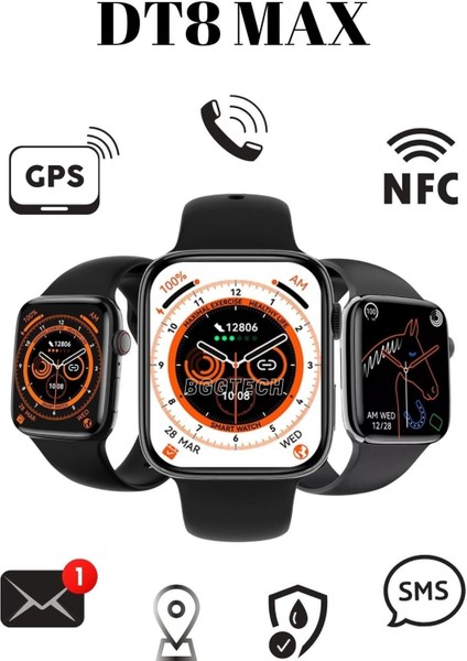 Redmi Note 9 Pro Uyumlu Dtno1 Dt8 Max Gps ve Nfc Özellikli Siri Aktif 2.0 Inc Ekranlı Akıllı Saat