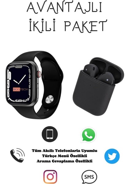 Iphone 8 Plus Uyumlu Watch 7 Series JD77 Akıllı Saat + Tws I12 Bluetooth Kulaklık