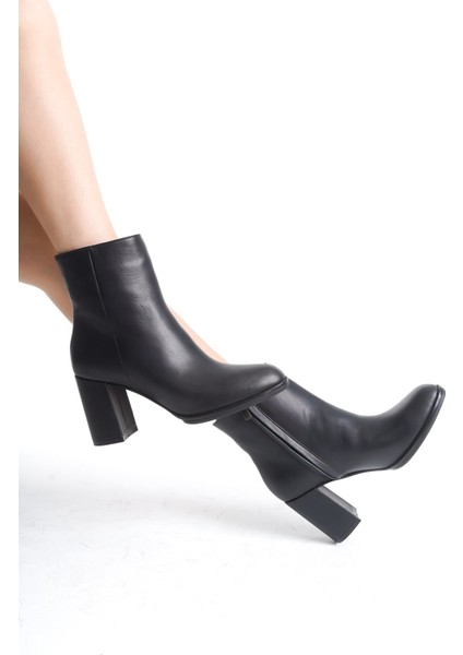 Mubiano Hakiki Deri Collection Kadın Fermuarlı Yuvarlak Burun Kalın Topuklu Kısa Bot Siyah - MCALM4221 - S modelleri
