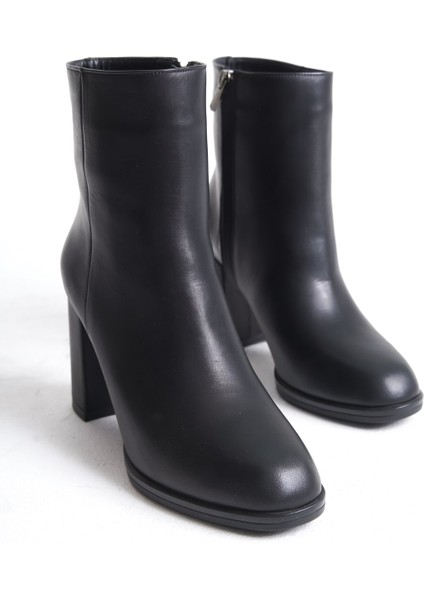 Mubiano Hakiki Deri Collection Kadın Fermuarlı Yuvarlak Burun Kalın Topuklu Kısa Bot Siyah - MCALM4221 - S fırsatları