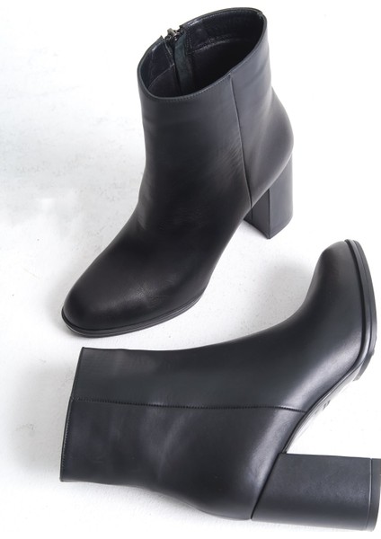 Mubiano Hakiki Deri Collection Kadın Fermuarlı Yuvarlak Burun Kalın Topuklu Kısa Bot Siyah - MCALM4221 - S indirimleri