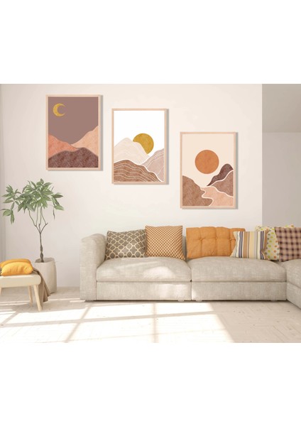 3 Parça Boho Güneş Ve Ay, Çerçeveli Ahşap Tablo Seti, Ev Dekoru