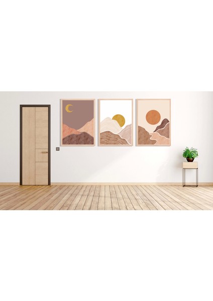 3 Parça Boho Güneş Ve Ay, Çerçeveli Ahşap Tablo Seti, Ev Dekoru