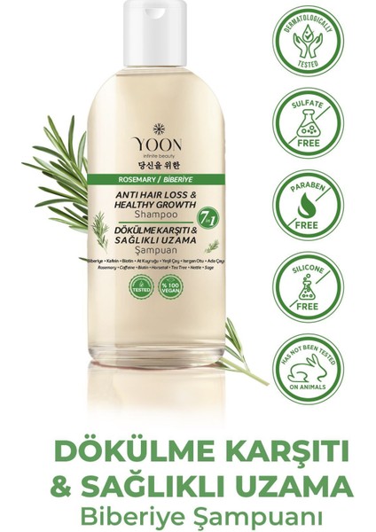 YOON 2'li Set Hızlı Saç Uzatma ve Saç Dökülme Karşıtı,  7 Aktifli Biberiyeli Tuzsuz Şampuan 400 ml x 2 adet