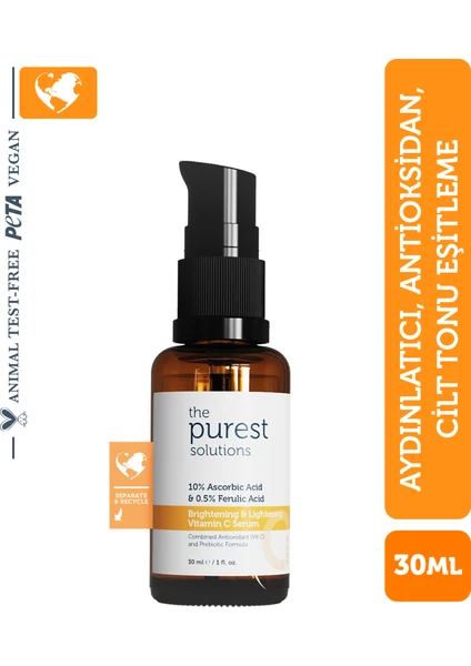 The Purest Solutions, C Vitamini Aydınlatıcı ve Ton Eşitleyici Cilt Bakım Serumu 30 ml (%10 Ascorbic Acid & Ferulic Acid %0,5)