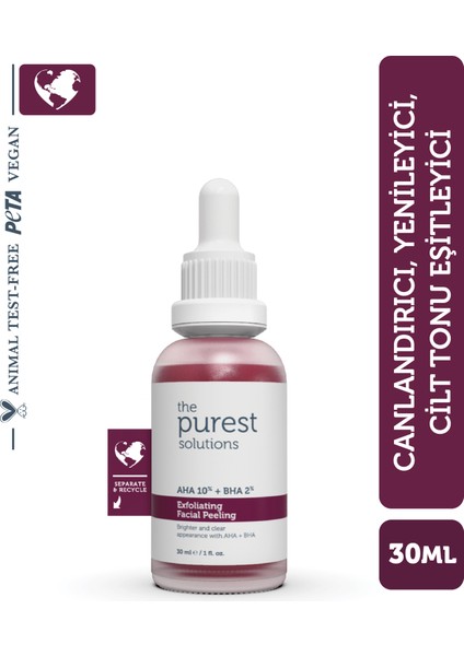 The Purest Solutions, AHA & BHA Canlandırıcı & Cilt Tonu Eşitleyici Kırmızı Peeling Cilt Serumu 30 ml  (Aha 10% + Bha 2%)