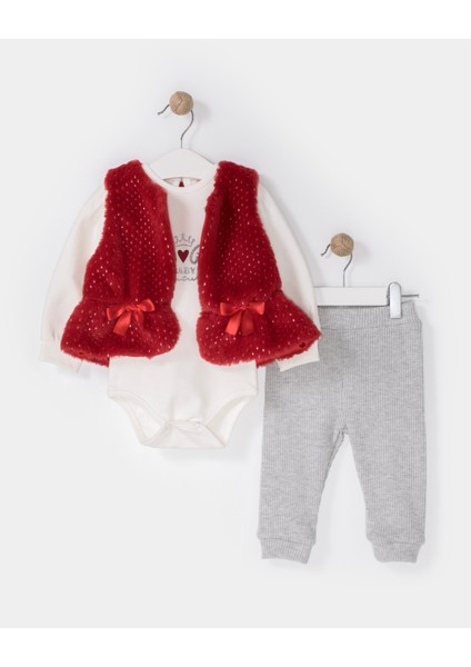 Peluş Yelekli Alttan Çıtçıtlı Body Üçlü Kız Bebek Takım