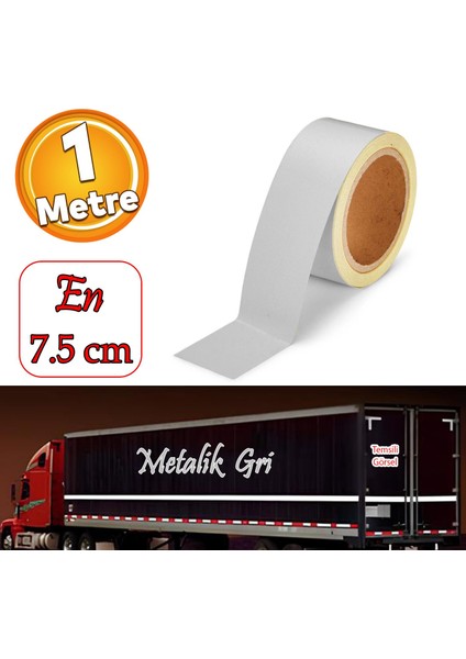 Düz Desensiz En 7.5 Cm 1 Mt Ikaz Bandı Reflektif Metalize Gri Renk Gece Parlayan Reflektörlü Bant