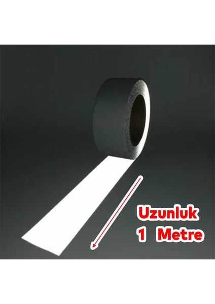 Düz Desensiz En 7.5 Cm 1 Mt Ikaz Bandı Reflektif Metalize Gri Renk Gece Parlayan Reflektörlü Bant