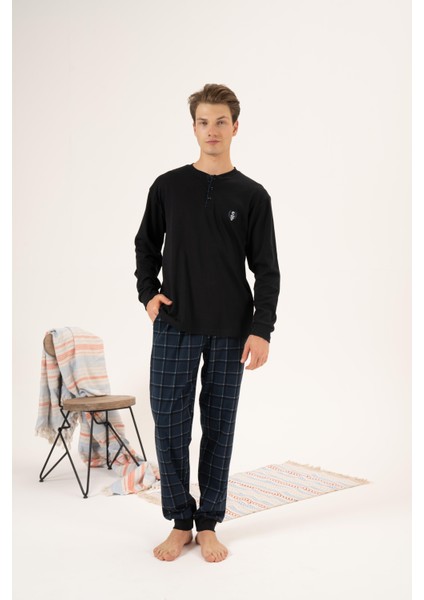 Erkek Kışlık Düğmeli Yaka Kareli Alt Süper Soft Interlok Pijama Takımı Siyah