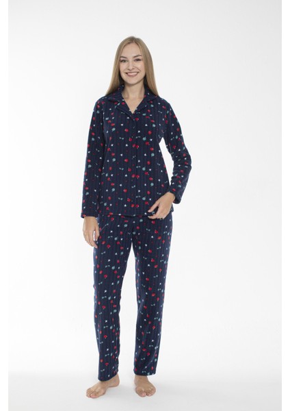 Kadın Kışlık Meyve Desenli Önden Düğmeli Fitilli Polar Pijama Takımı Lacivert