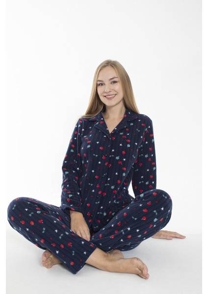 Kadın Kışlık Meyve Desenli Önden Düğmeli Fitilli Polar Pijama Takımı Lacivert fiyatları