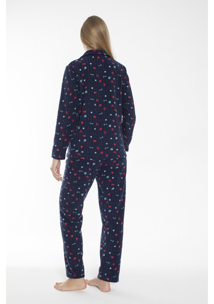 Kadın Kışlık Meyve Desenli Önden Düğmeli Fitilli Polar Pijama Takımı Lacivert fırsatları