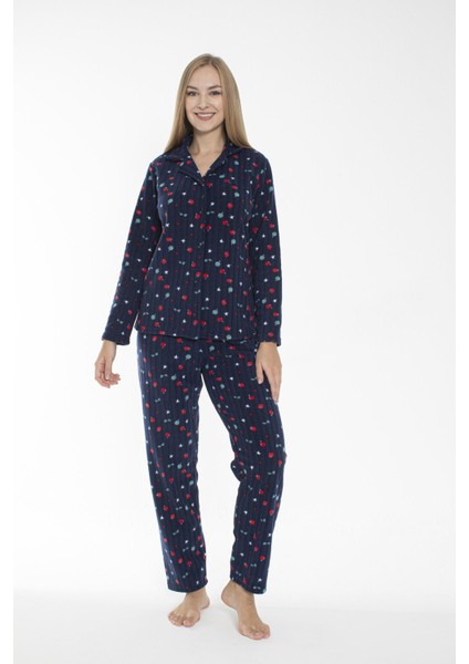 Kadın Kışlık Meyve Desenli Önden Düğmeli Fitilli Polar Pijama Takımı Lacivert indirimleri