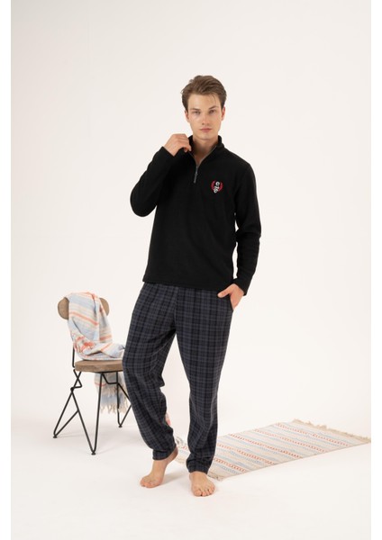 Erkek Kışlık Fermuarlı Yaka Kareli Alt Polar Pijama Takımı Siyah