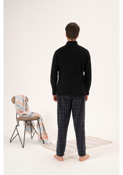 Erkek Kışlık Fermuarlı Yaka Kareli Alt Polar Pijama Takımı Siyah fiyatları