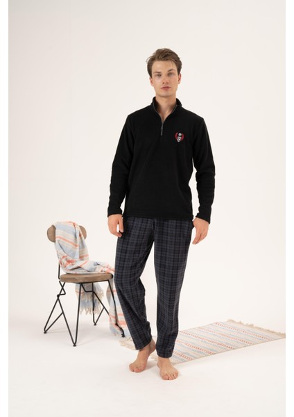 Erkek Kışlık Fermuarlı Yaka Kareli Alt Polar Pijama Takımı Siyah modelleri