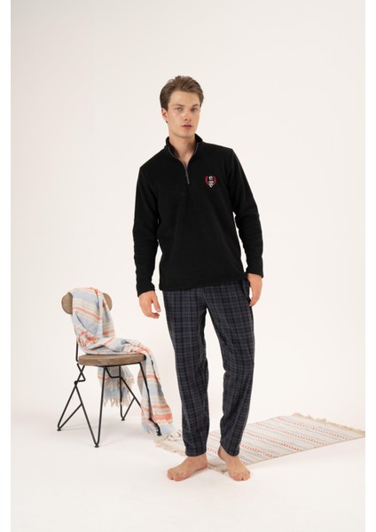 Erkek Kışlık Fermuarlı Yaka Kareli Alt Polar Pijama Takımı Siyah fırsatları