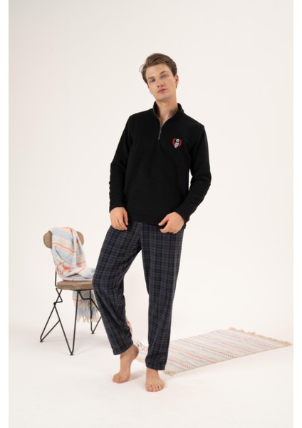 Erkek Kışlık Fermuarlı Yaka Kareli Alt Polar Pijama Takımı Siyah indirimleri