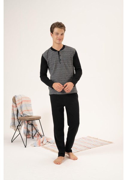 Erkek Kışlık Düğmeli Yaka Jakarlı Interlok Pijama Takımı modelleri