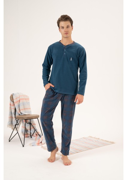Erkek Kışlık Düğmeli Yaka Kareli Alt Polar Pijama Takımı