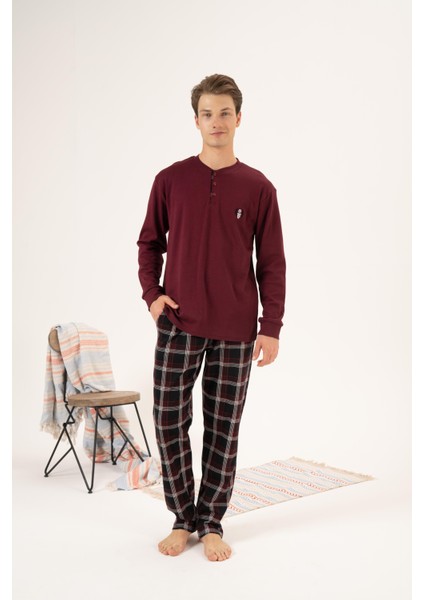 Erkek Kışlık Düğmeli Yaka Kareli Alt Süper Soft Interlok Pijama Takımı Bordo