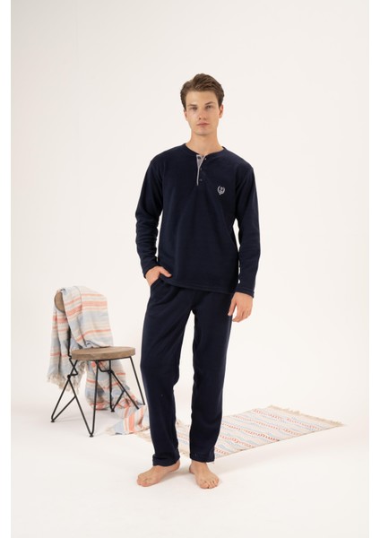 Erkek Kışlık Düğmeli Yaka Polar Pijama Takımı