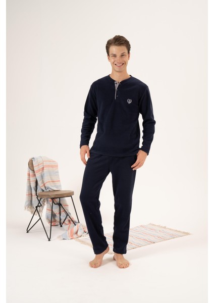 Erkek Kışlık Düğmeli Yaka Polar Pijama Takımı
