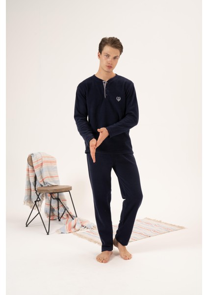 Erkek Kışlık Düğmeli Yaka Polar Pijama Takımı
