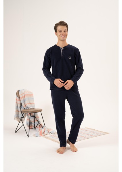 Erkek Kışlık Düğmeli Yaka Polar Pijama Takımı