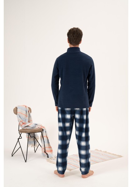 Erkek Kışlık Fermuarlı Yaka Kareli Alt Polar Pijama Takımı