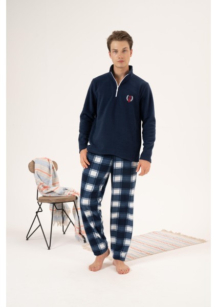 Erkek Kışlık Fermuarlı Yaka Kareli Alt Polar Pijama Takımı