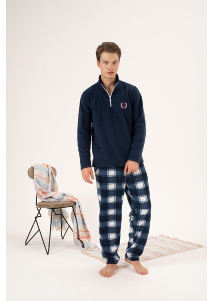 Erkek Kışlık Fermuarlı Yaka Kareli Alt Polar Pijama Takımı