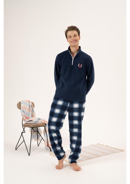 Erkek Kışlık Fermuarlı Yaka Kareli Alt Polar Pijama Takımı