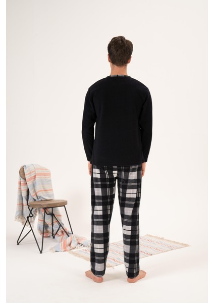 Erkek Kışlık Düğmeli Yaka Kareli Alt Polar Pijama Takımı