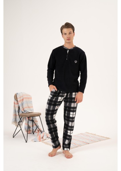 Erkek Kışlık Düğmeli Yaka Kareli Alt Polar Pijama Takımı
