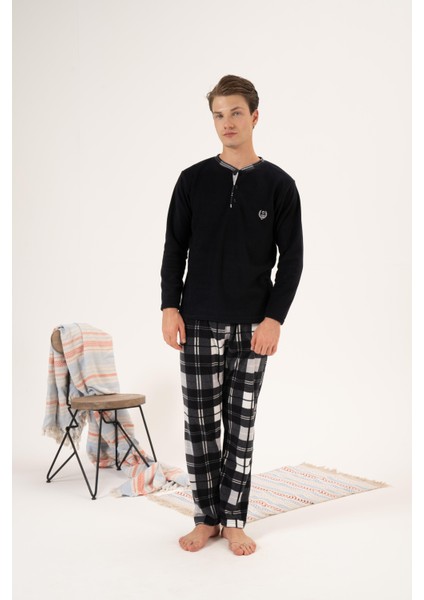 Erkek Kışlık Düğmeli Yaka Kareli Alt Polar Pijama Takımı