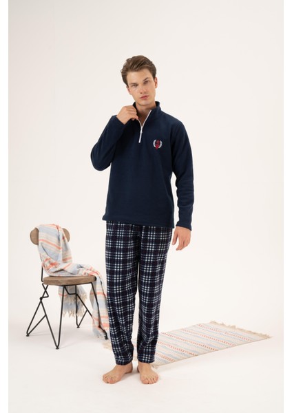 Erkek Kışlık Fermuarlı Yaka Kareli Alt Polar Pijama Takımı Lacivert