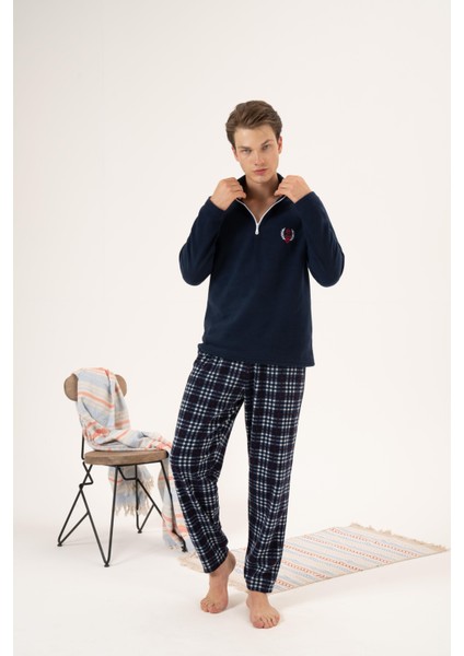 Erkek Kışlık Fermuarlı Yaka Kareli Alt Polar Pijama Takımı Lacivert modelleri