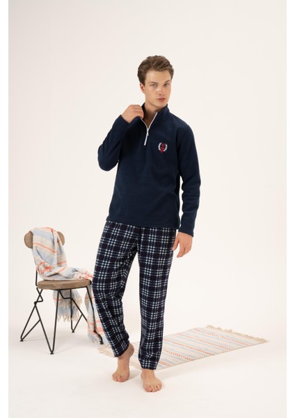 Erkek Kışlık Fermuarlı Yaka Kareli Alt Polar Pijama Takımı Lacivert fırsatları