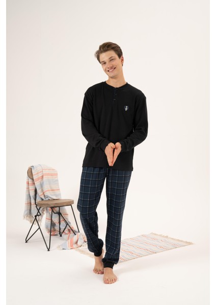 Erkek Kışlık Düğmeli Yaka Kareli Alt Süper Soft Interlok Pijama Takımı Siyah