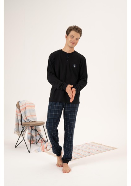 Erkek Kışlık Düğmeli Yaka Kareli Alt Süper Soft Interlok Pijama Takımı Siyah