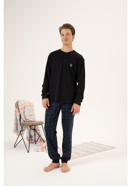 Erkek Kışlık Düğmeli Yaka Kareli Alt Süper Soft Interlok Pijama Takımı Siyah