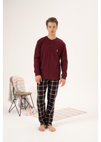 Erkek Kışlık Düğmeli Yaka Kareli Alt Süper Soft Interlok Pijama Takımı Bordo